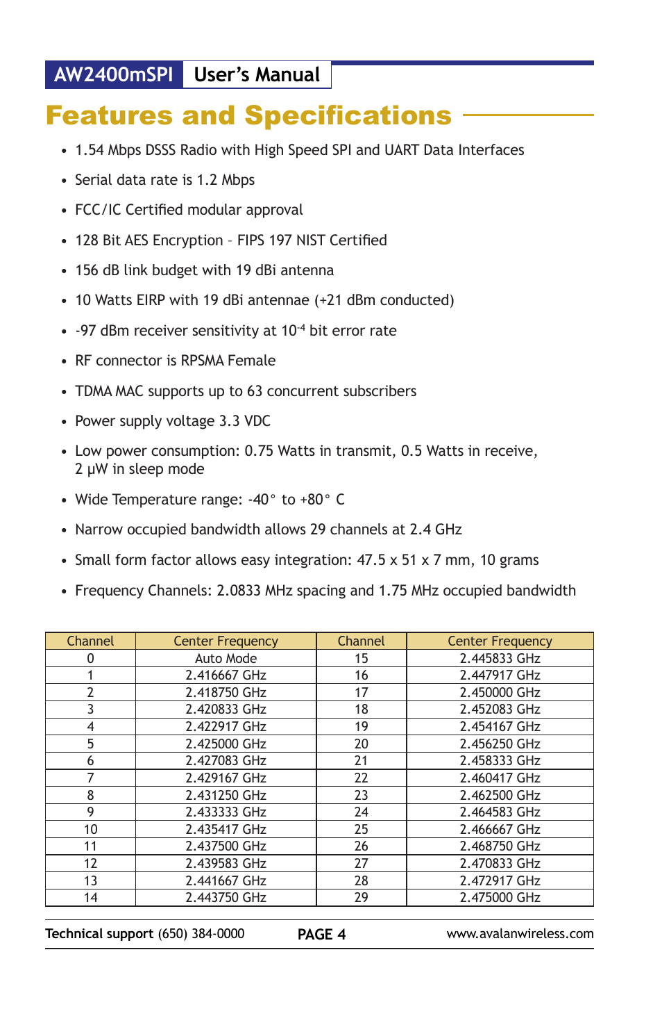 Features and specifications, Aw2400mspi user’s manual | AvaLAN Wireless AW2400mSPI-10 User Manual | Page 4 / 40