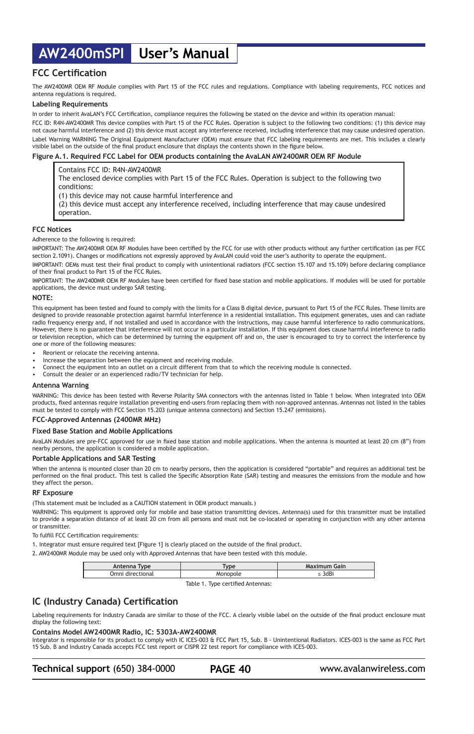 Aw2400mspi user’s manual, Page 40, Ic (industry canada) certification | AvaLAN Wireless AW2400mSPI-10 User Manual | Page 40 / 40