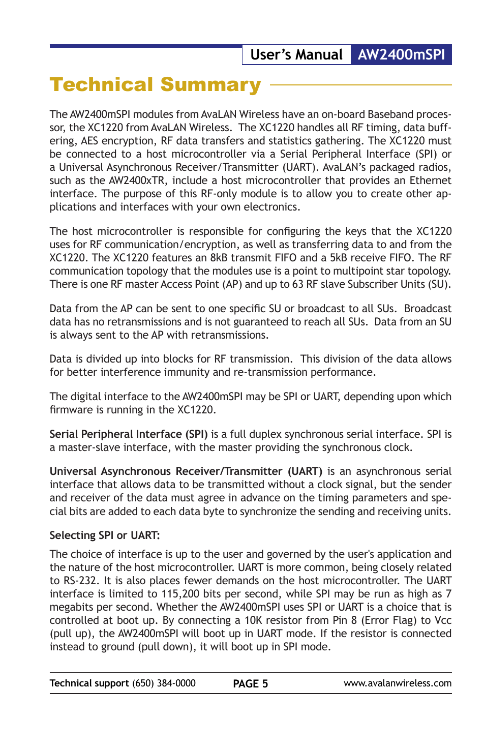 Technical summary, Aw2400mspi user’s manual | AvaLAN Wireless AW2400mSPI-10 User Manual | Page 5 / 40