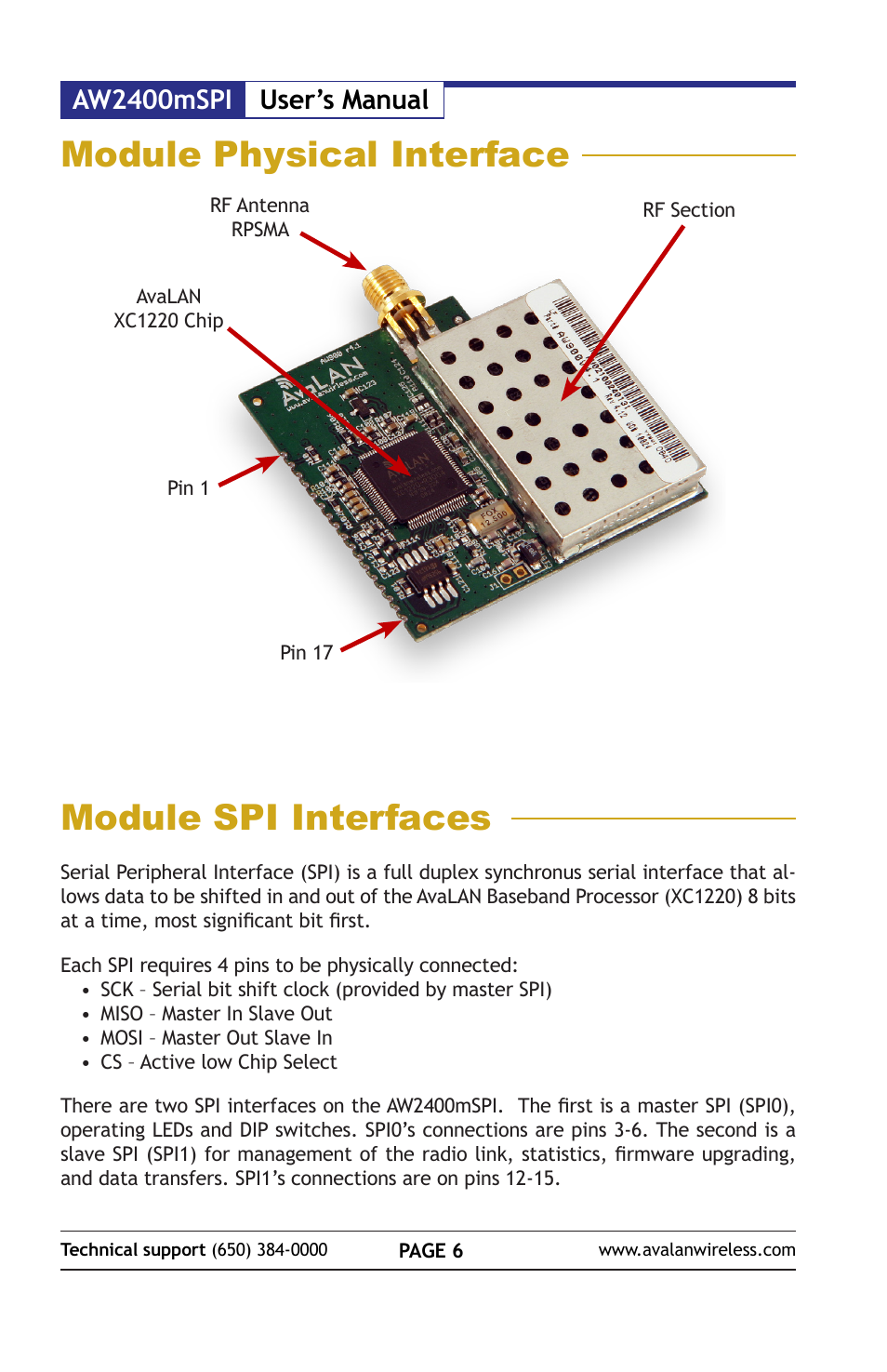 Module physical interface, Module spi interfaces, Aw2400mspi user’s manual | AvaLAN Wireless AW2400mSPI-10 User Manual | Page 6 / 40