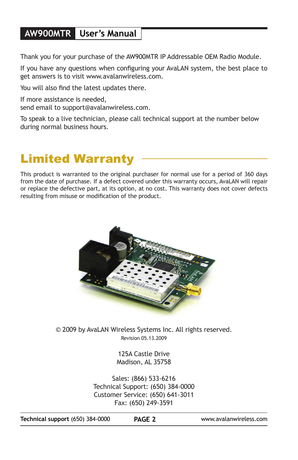 Limited warranty, Aw900mtr user’s manual | AvaLAN Wireless AW900mTR-10 User Manual | Page 2 / 8