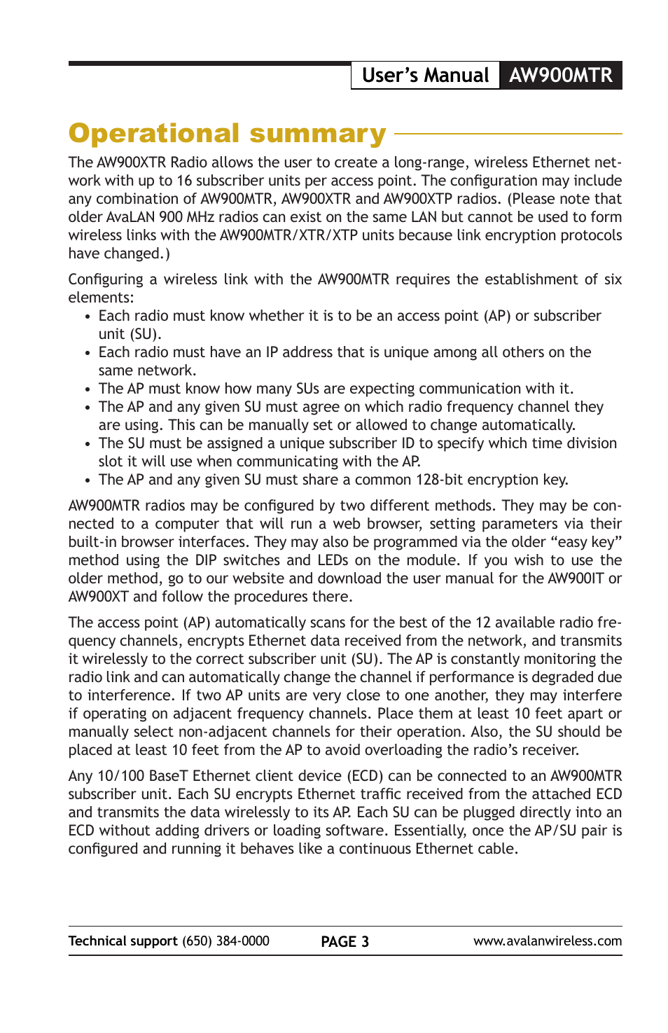 Operational summary, Aw900mtr user’s manual | AvaLAN Wireless AW900mTR-10 User Manual | Page 3 / 8