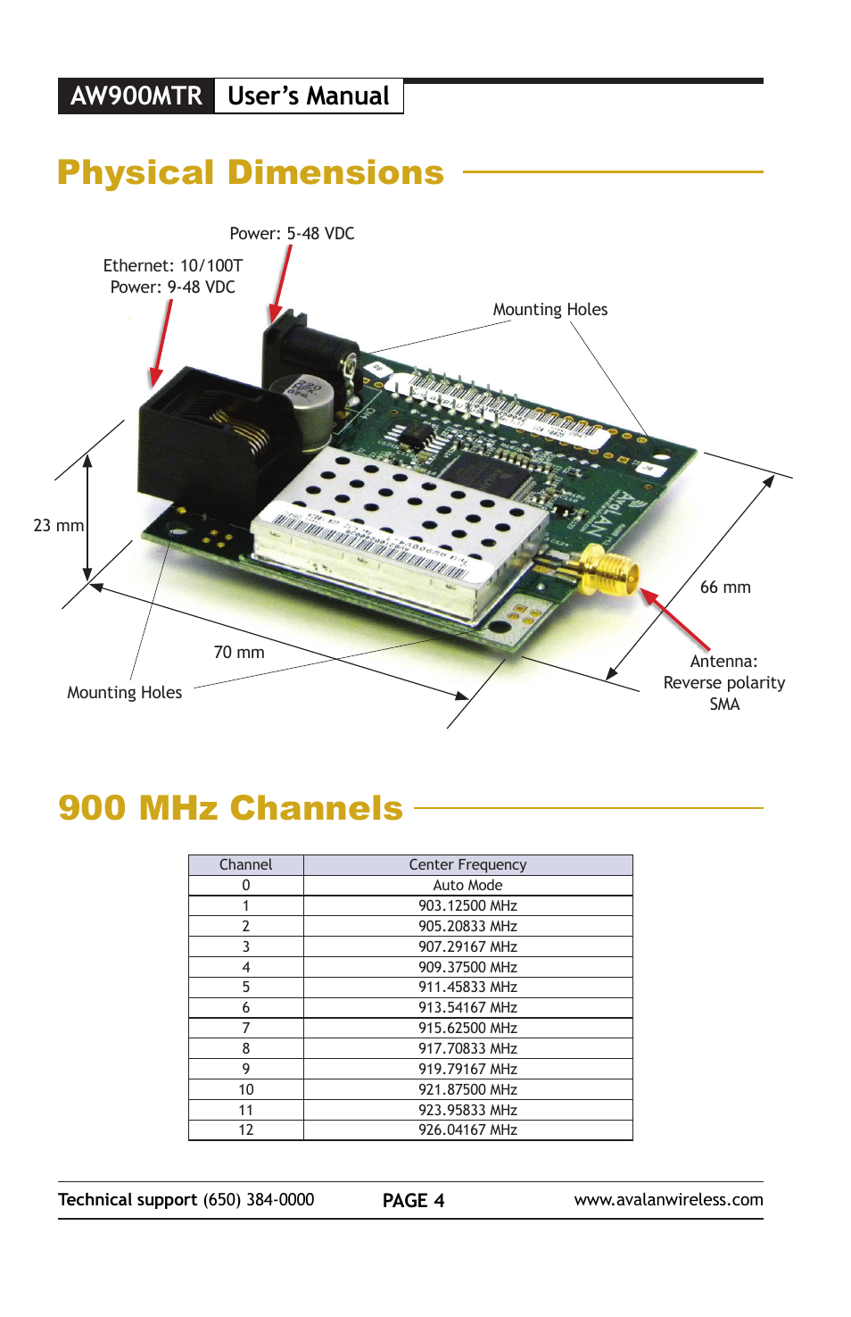 Physical dimensions, 900 mhz channels, Aw900mtr user’s manual | AvaLAN Wireless AW900mTR-10 User Manual | Page 4 / 8