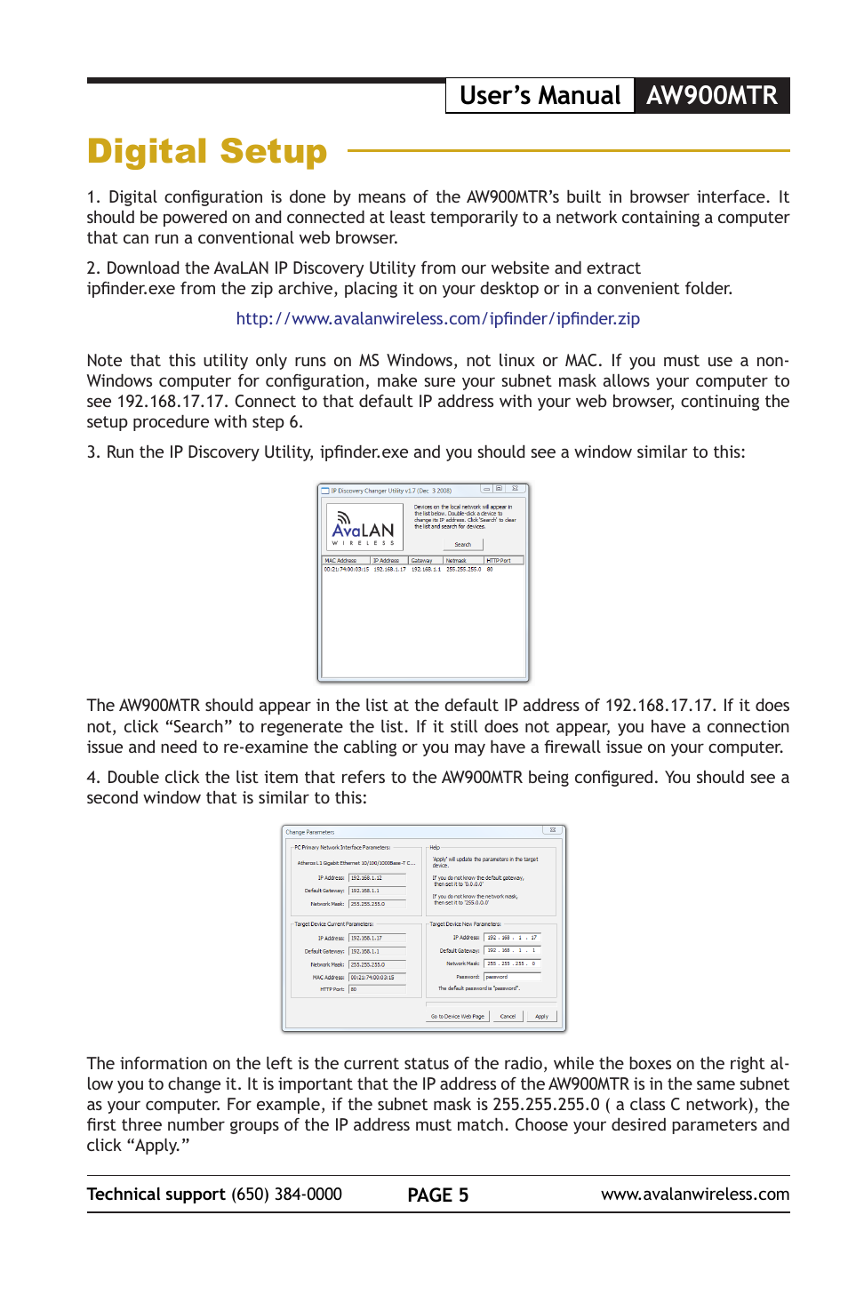 Digital setup, Aw900mtr user’s manual | AvaLAN Wireless AW900mTR-10 User Manual | Page 5 / 8