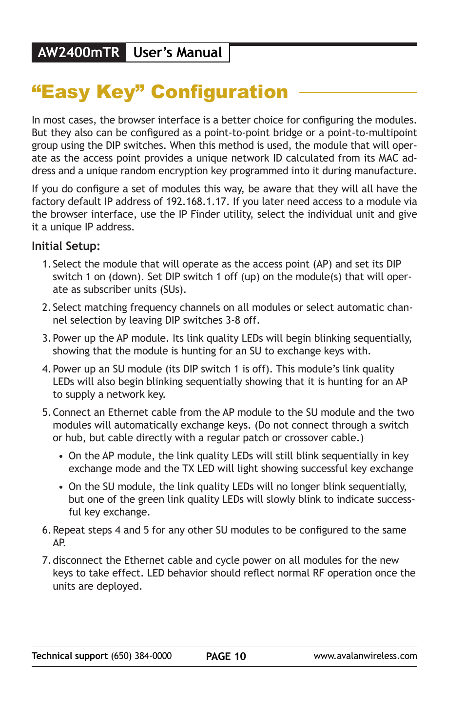 Easy key” configuration, Aw2400mtr user’s manual | AvaLAN Wireless AW2400mTR-EVAL User Manual | Page 10 / 12