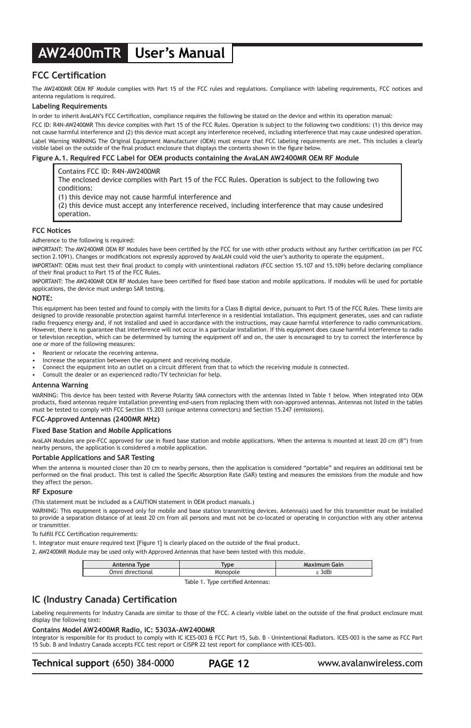 Aw2400mtr user’s manual, Page 12, Ic (industry canada) certification | AvaLAN Wireless AW2400mTR-EVAL User Manual | Page 12 / 12