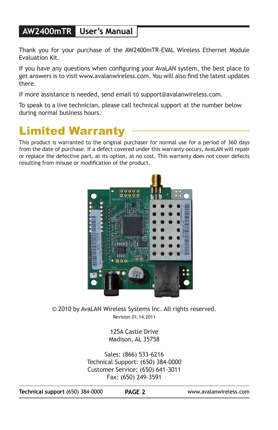 Limited warranty, Aw2400mtr user’s manual | AvaLAN Wireless AW2400mTR-EVAL User Manual | Page 2 / 12