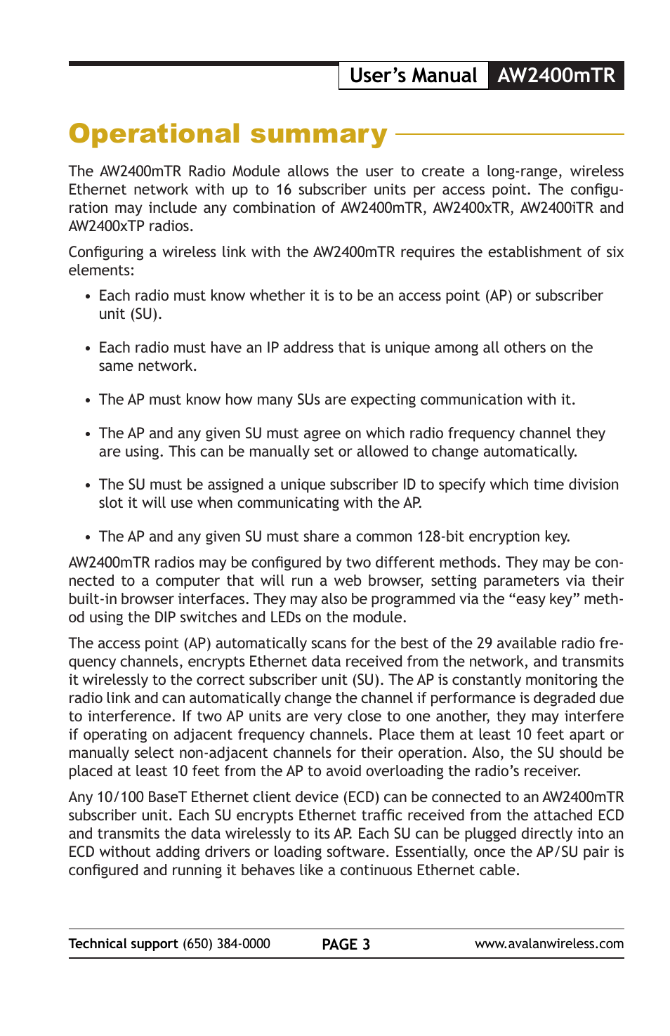 Operational summary, User’s manual aw2400mtr | AvaLAN Wireless AW2400mTR-EVAL User Manual | Page 3 / 12