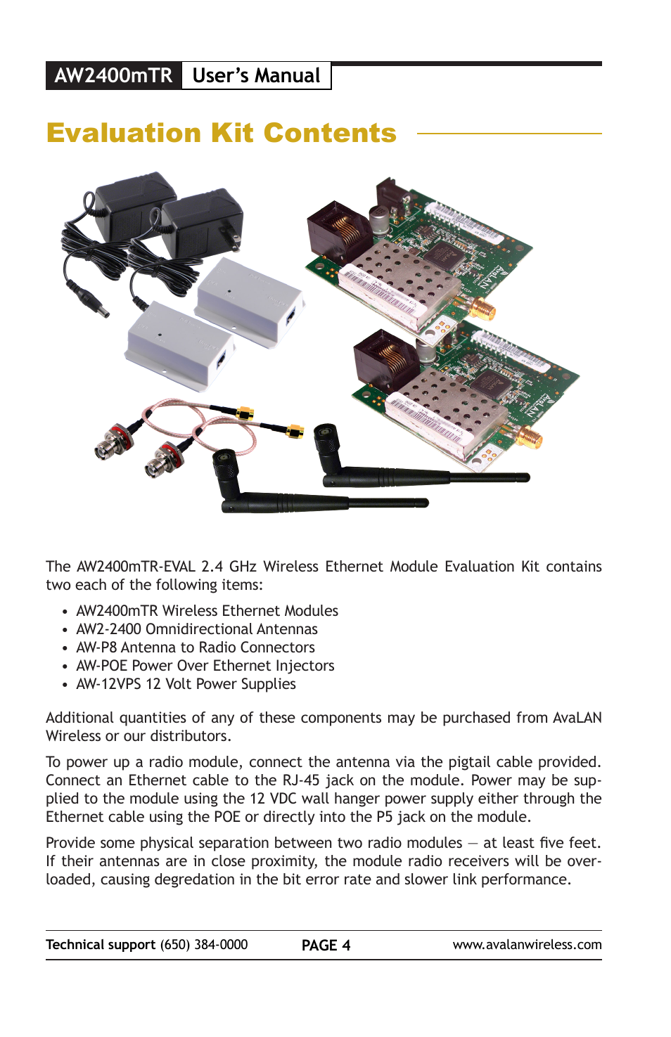 Evaluation kit contents, Aw2400mtr user’s manual | AvaLAN Wireless AW2400mTR-EVAL User Manual | Page 4 / 12