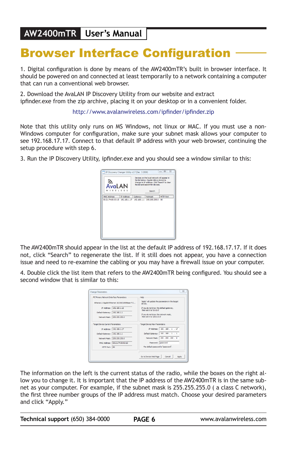 Browser interface configuration, Aw2400mtr user’s manual | AvaLAN Wireless AW2400mTR-EVAL User Manual | Page 6 / 12