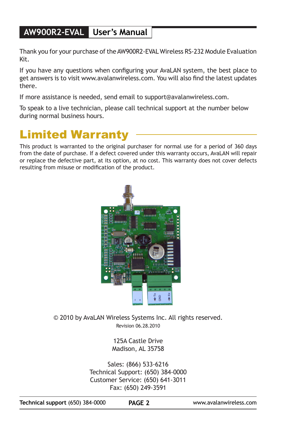 Limited warranty, User’s manual, Aw900r2-eval | AvaLAN Wireless AW900R2-EVAL User Manual | Page 2 / 16