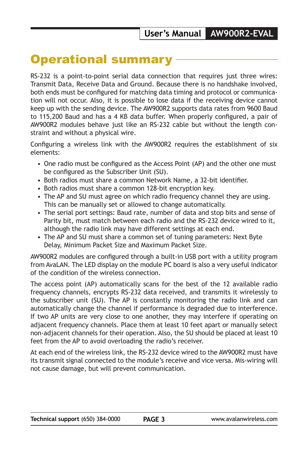 Operational summary, User’s manual aw900r2-eval | AvaLAN Wireless AW900R2-EVAL User Manual | Page 3 / 16