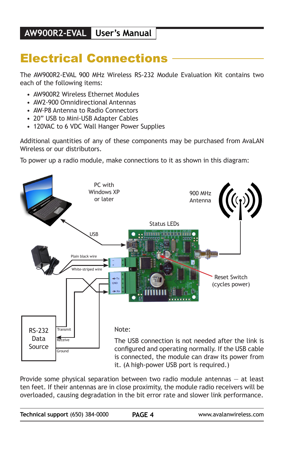 Electrical connections, User’s manual, Aw900r2-eval | AvaLAN Wireless AW900R2-EVAL User Manual | Page 4 / 16