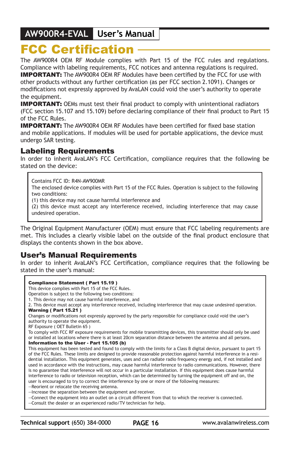 Fcc certification, User’s manual, Aw900r4-eval | Labeling requirements, User’s manual requirements, Page 16 | AvaLAN Wireless AW900R4-EVAL User Manual | Page 16 / 16