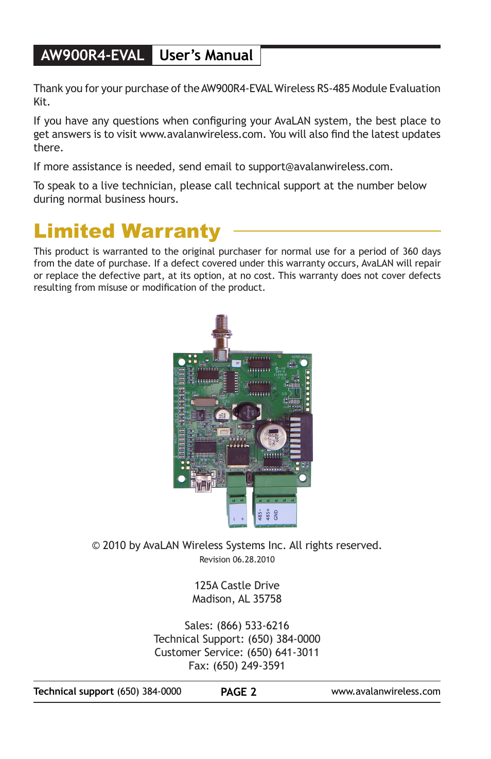 Limited warranty, User’s manual, Aw900r4-eval | AvaLAN Wireless AW900R4-EVAL User Manual | Page 2 / 16