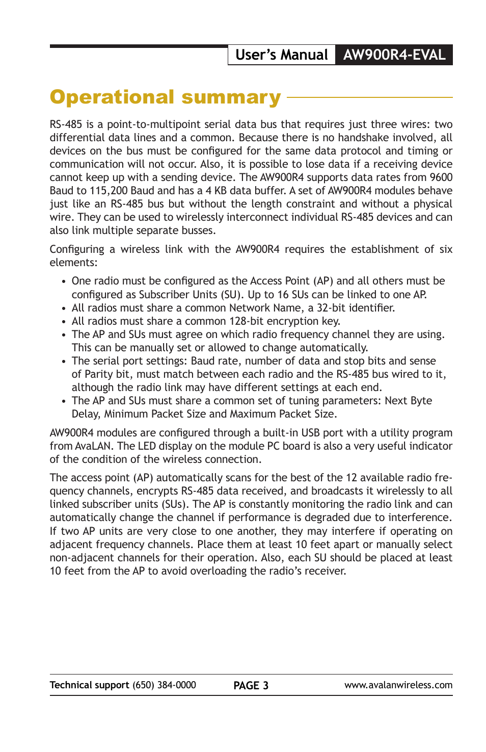 Operational summary, User’s manual aw900r4-eval | AvaLAN Wireless AW900R4-EVAL User Manual | Page 3 / 16