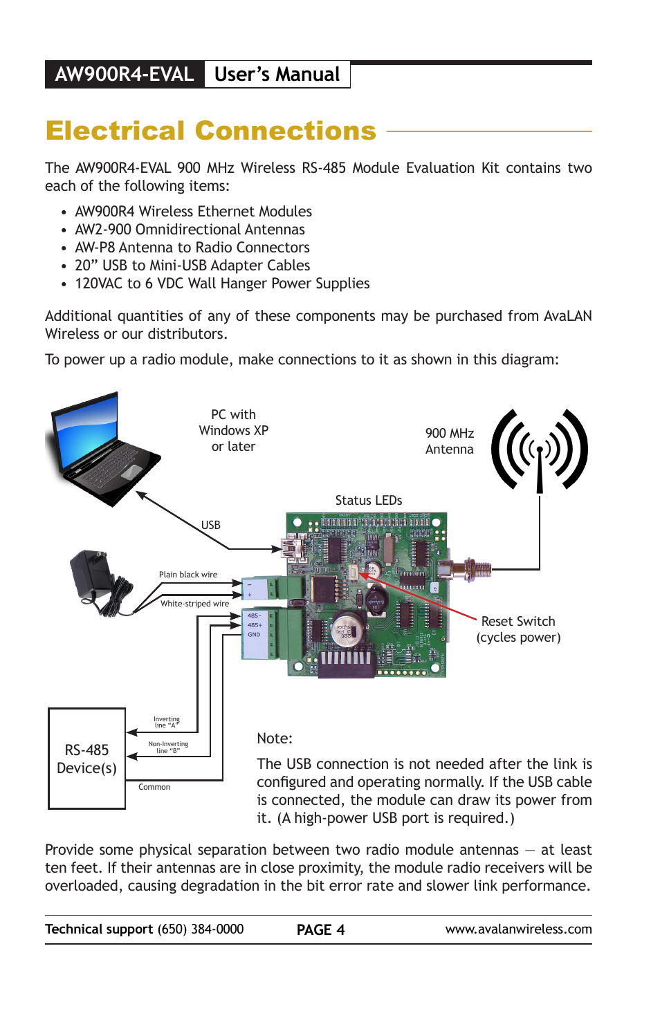 Electrical connections, User’s manual, Aw900r4-eval | AvaLAN Wireless AW900R4-EVAL User Manual | Page 4 / 16