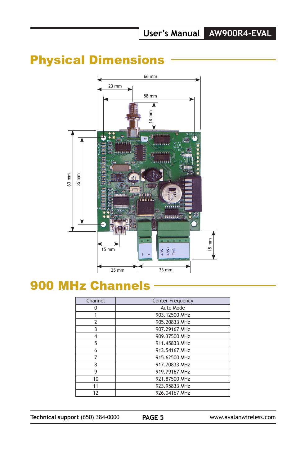 Physical dimensions 900 mhz channels, User’s manual aw900r4-eval, Page 5 | AvaLAN Wireless AW900R4-EVAL User Manual | Page 5 / 16