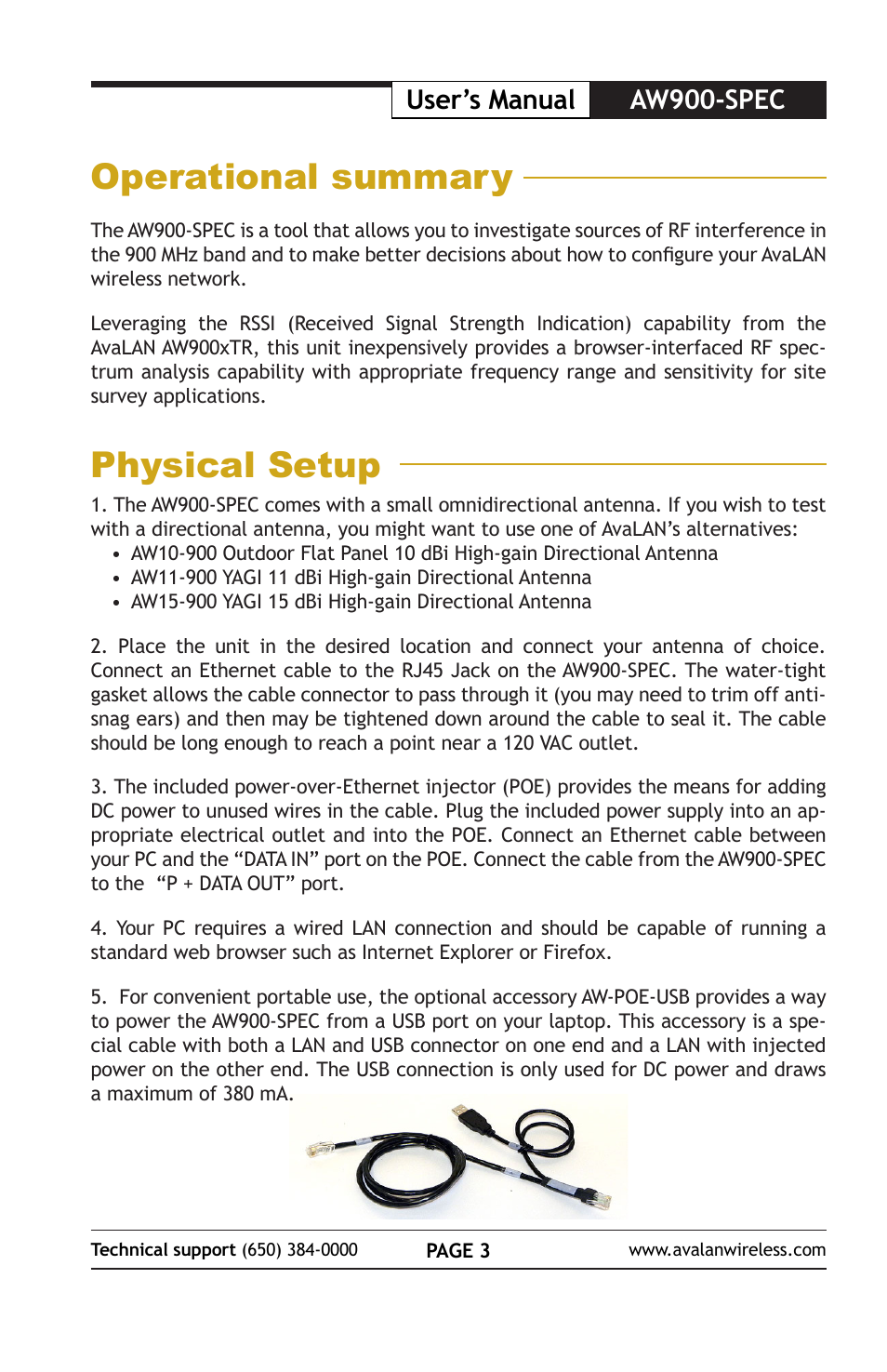 Operational summary, Physical setup, User’s manual aw900-spec | AvaLAN Wireless AW900-SPEC User Manual | Page 3 / 8