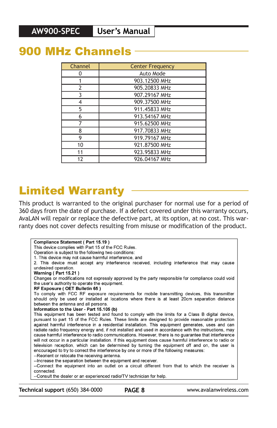 Limited warranty, 900 mhz channels, Aw900-spec user’s manual | AvaLAN Wireless AW900-SPEC User Manual | Page 8 / 8