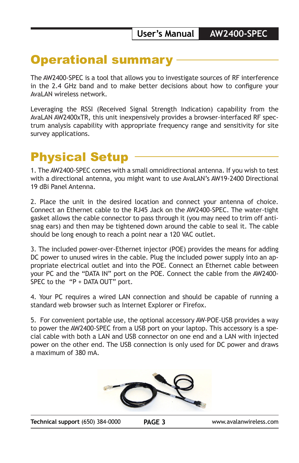 Operational summary, Physical setup, Aw2400-spec user’s manual | AvaLAN Wireless AW2400-SPEC User Manual | Page 3 / 8