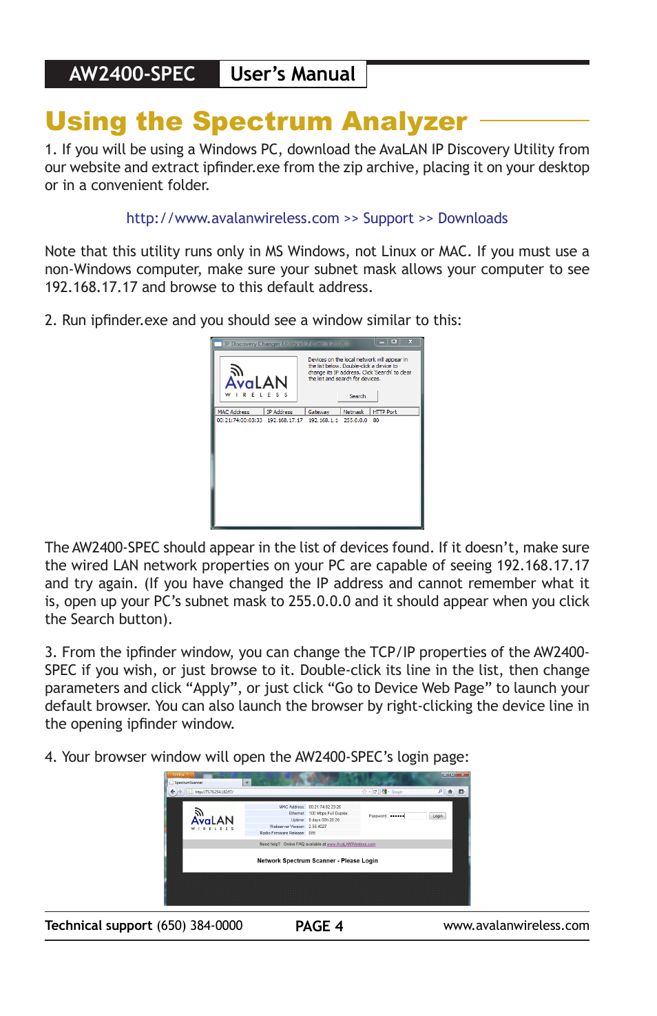 Using the spectrum analyzer, Aw2400-spec user’s manual | AvaLAN Wireless AW2400-SPEC User Manual | Page 4 / 8