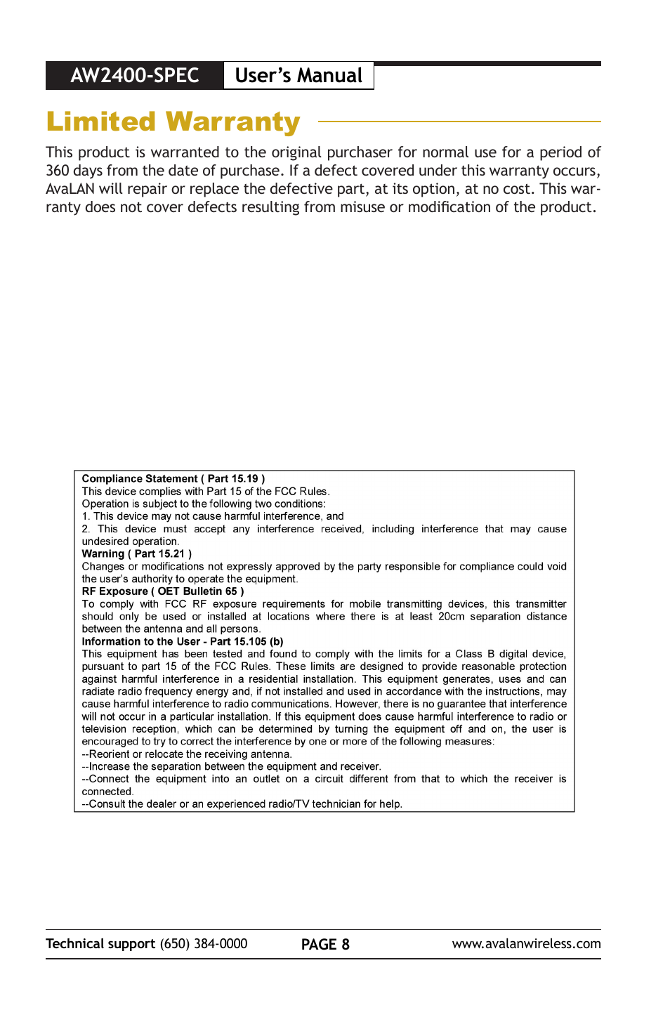 Limited warranty, Aw2400-spec user’s manual | AvaLAN Wireless AW2400-SPEC User Manual | Page 8 / 8