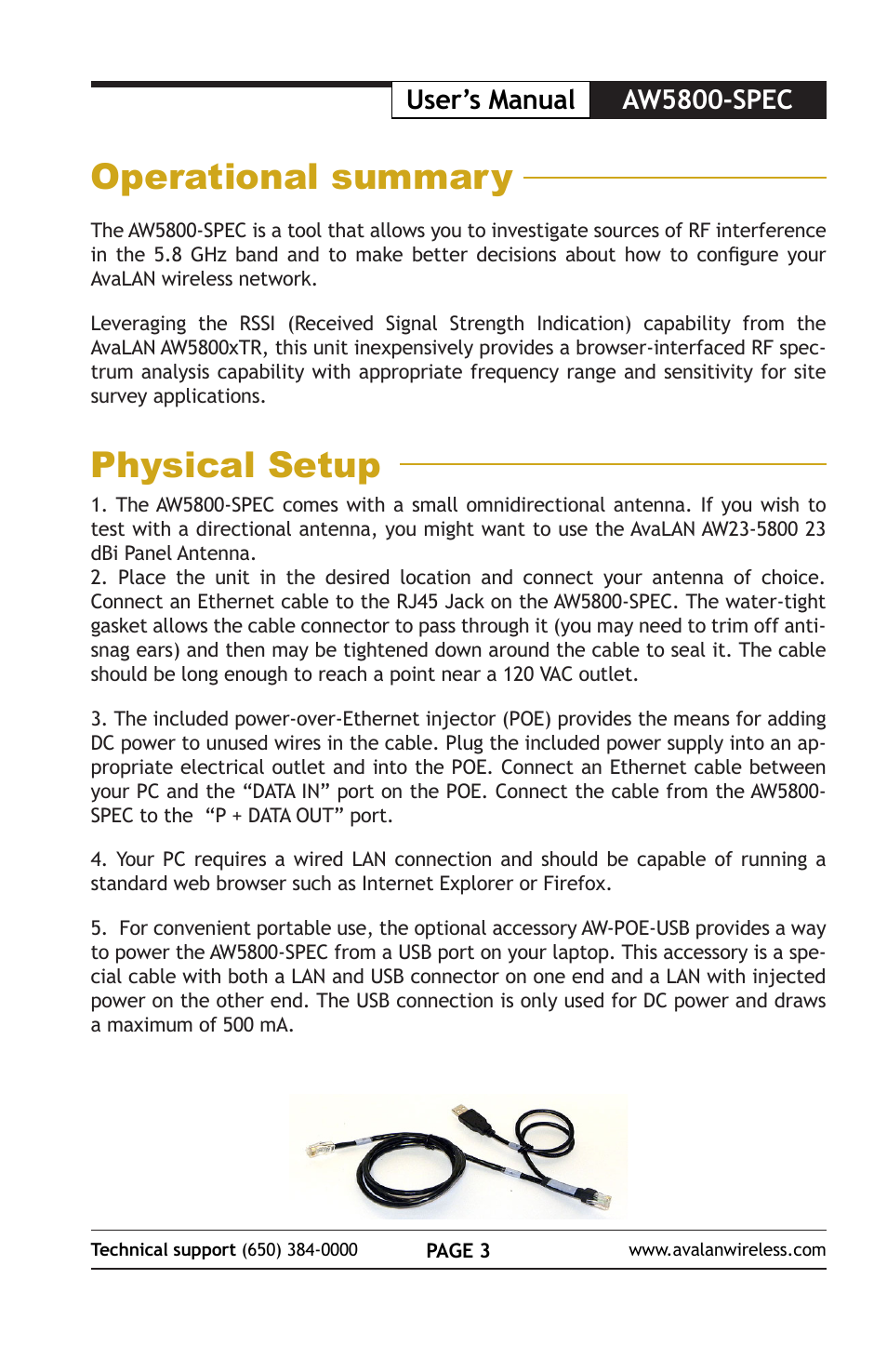 Operational summary, Physical setup, User’s manual aw5800-spec | AvaLAN Wireless AW5800-SPEC User Manual | Page 3 / 8