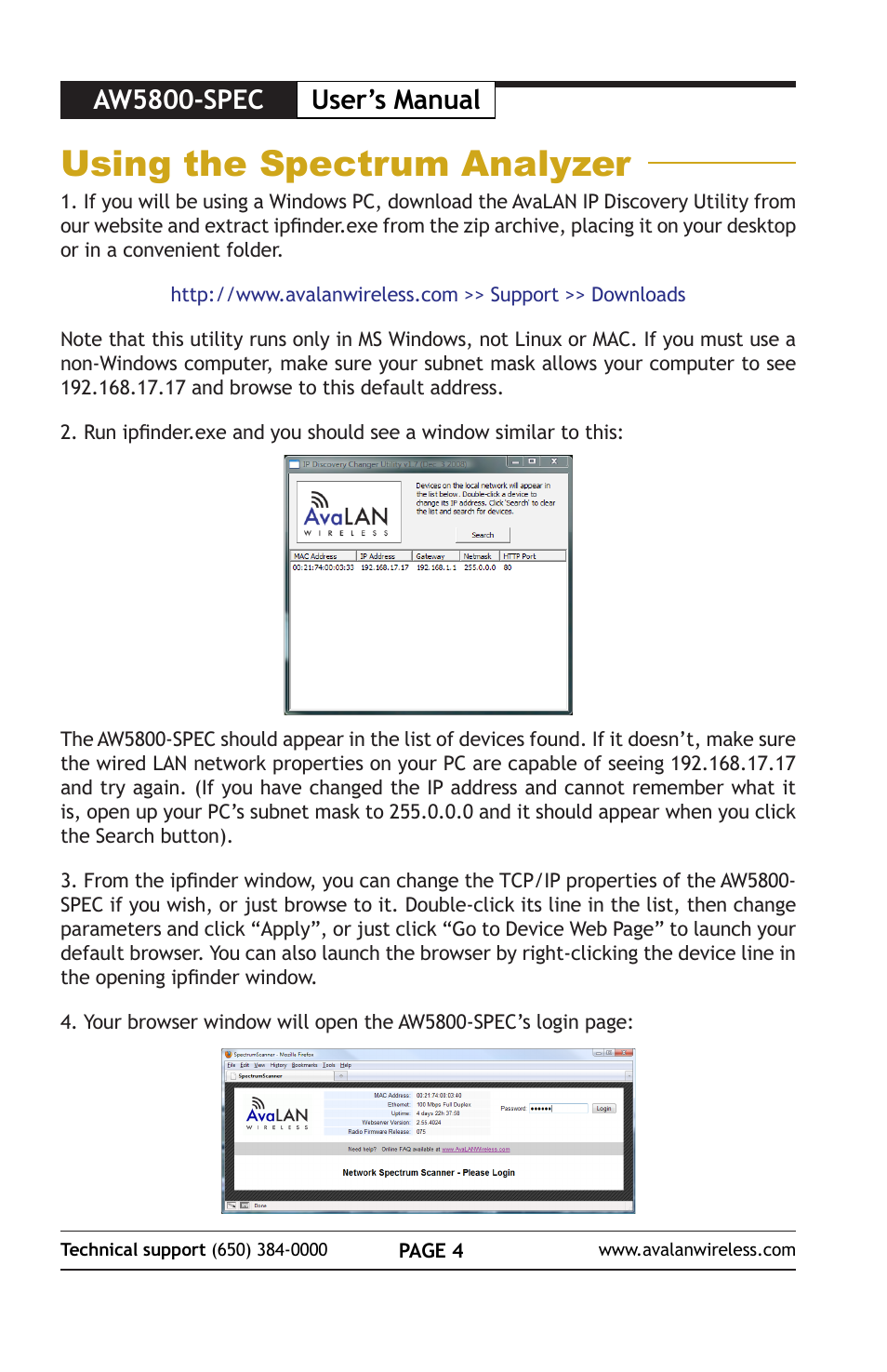 Using the spectrum analyzer, Aw5800-spec user’s manual | AvaLAN Wireless AW5800-SPEC User Manual | Page 4 / 8