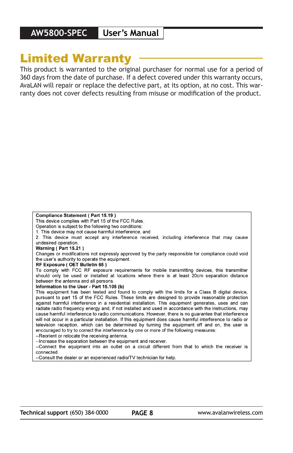 Limited warranty, Aw5800-spec user’s manual | AvaLAN Wireless AW5800-SPEC User Manual | Page 8 / 8