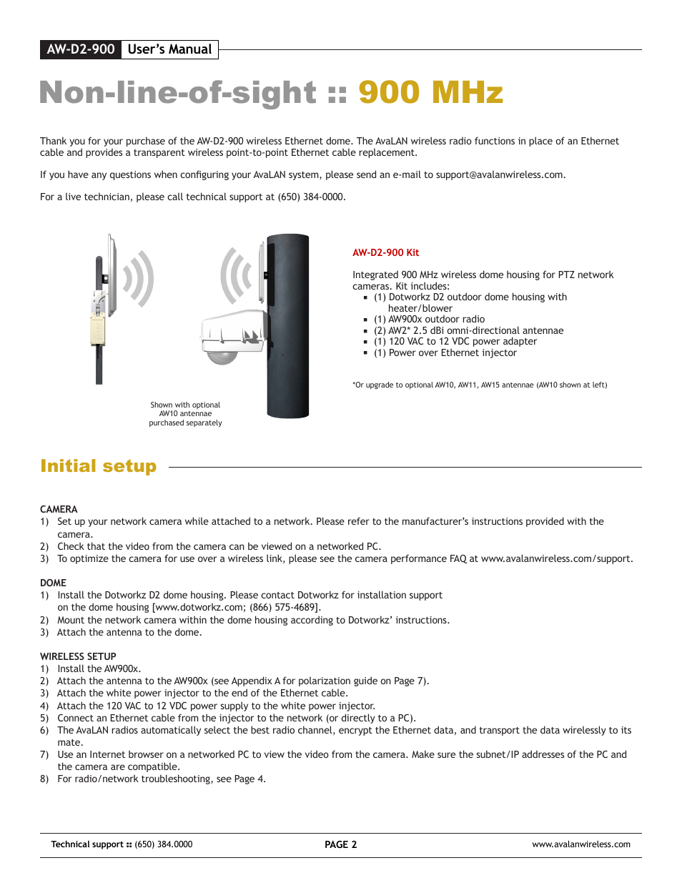 Non-line-of-sight :: 900 mhz, Initial setup | AvaLAN Wireless AW-D2-900 User Manual | Page 2 / 8