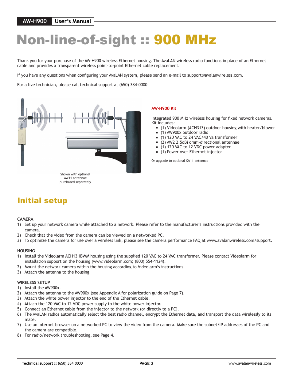 Non-line-of-sight :: 900 mhz, Initial setup | AvaLAN Wireless AW-H900 User Manual | Page 2 / 8