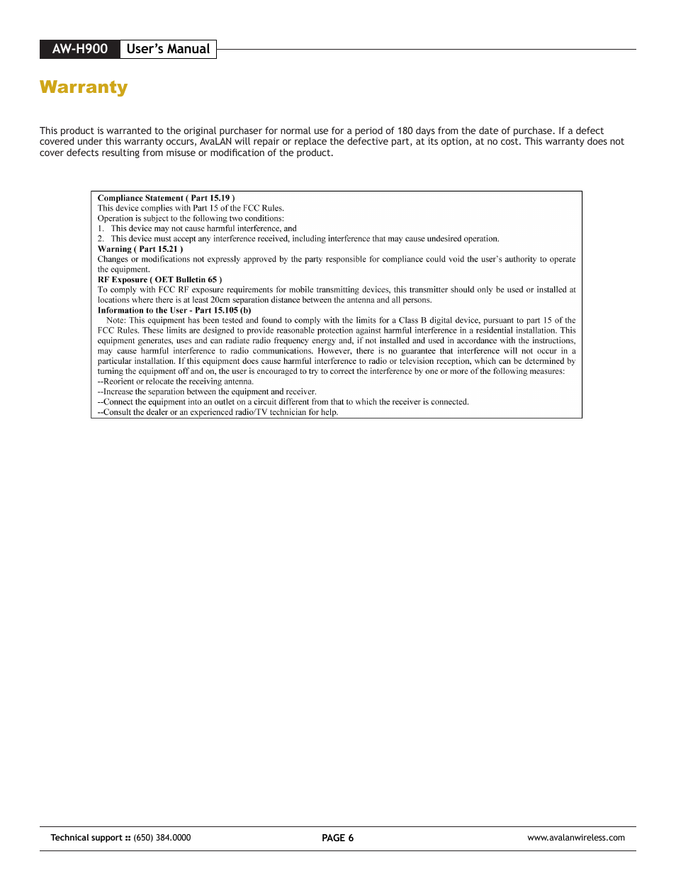 Warranty | AvaLAN Wireless AW-H900 User Manual | Page 6 / 8