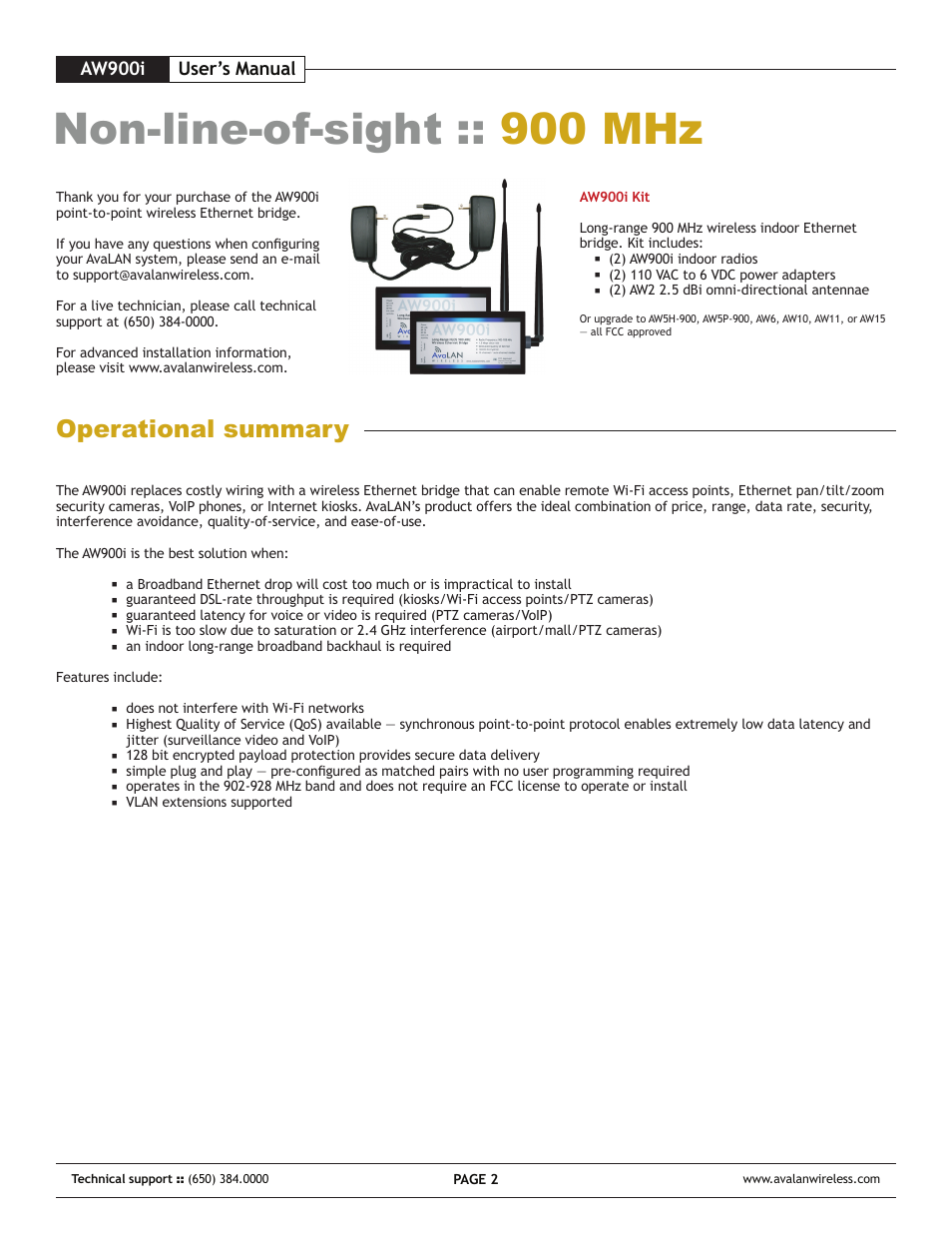 Non-line-of-sight :: 900 mhz, Operational summary, Aw900i | User’s manual | AvaLAN Wireless AW-900i User Manual | Page 2 / 8