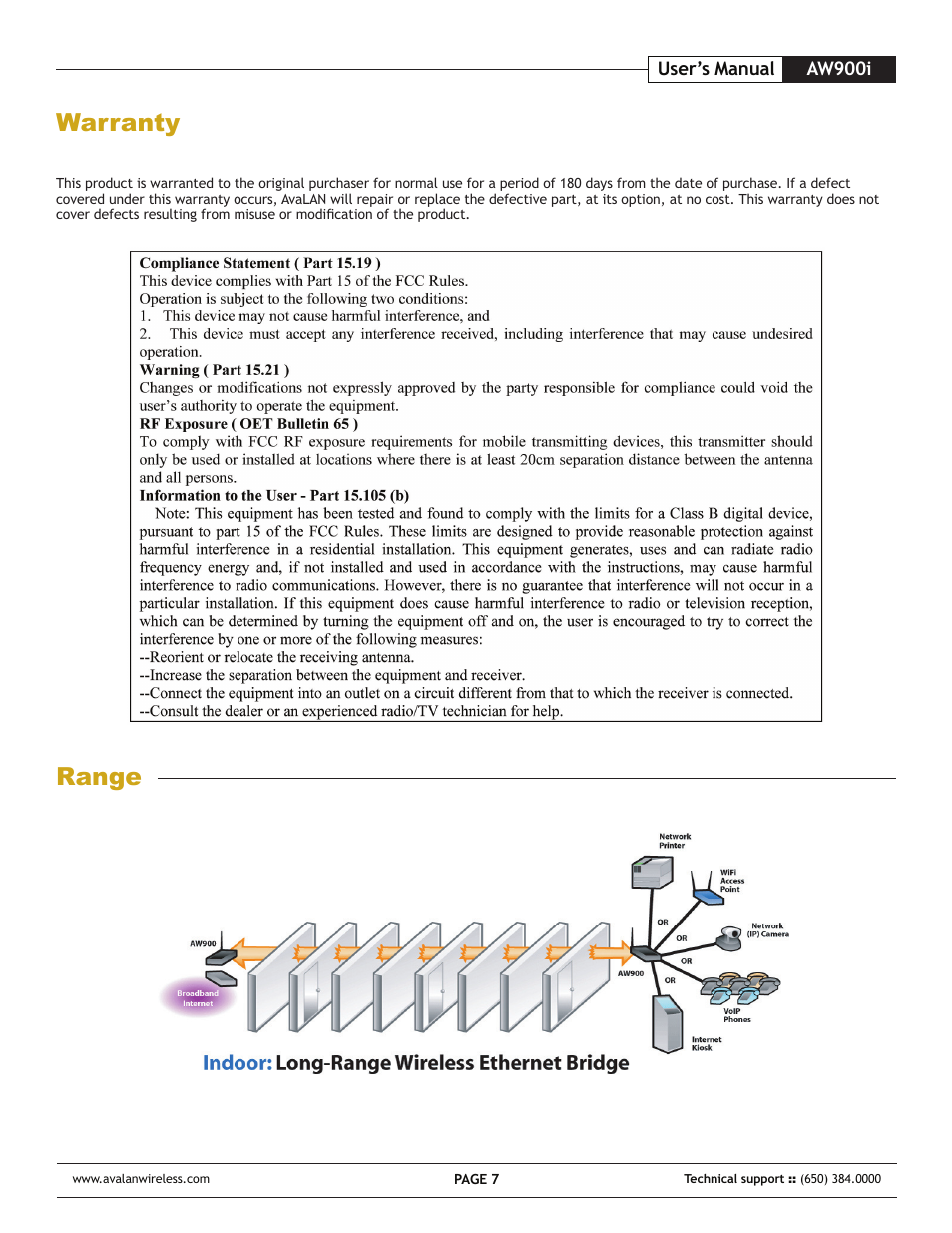 Warranty, Range | AvaLAN Wireless AW-900i User Manual | Page 7 / 8