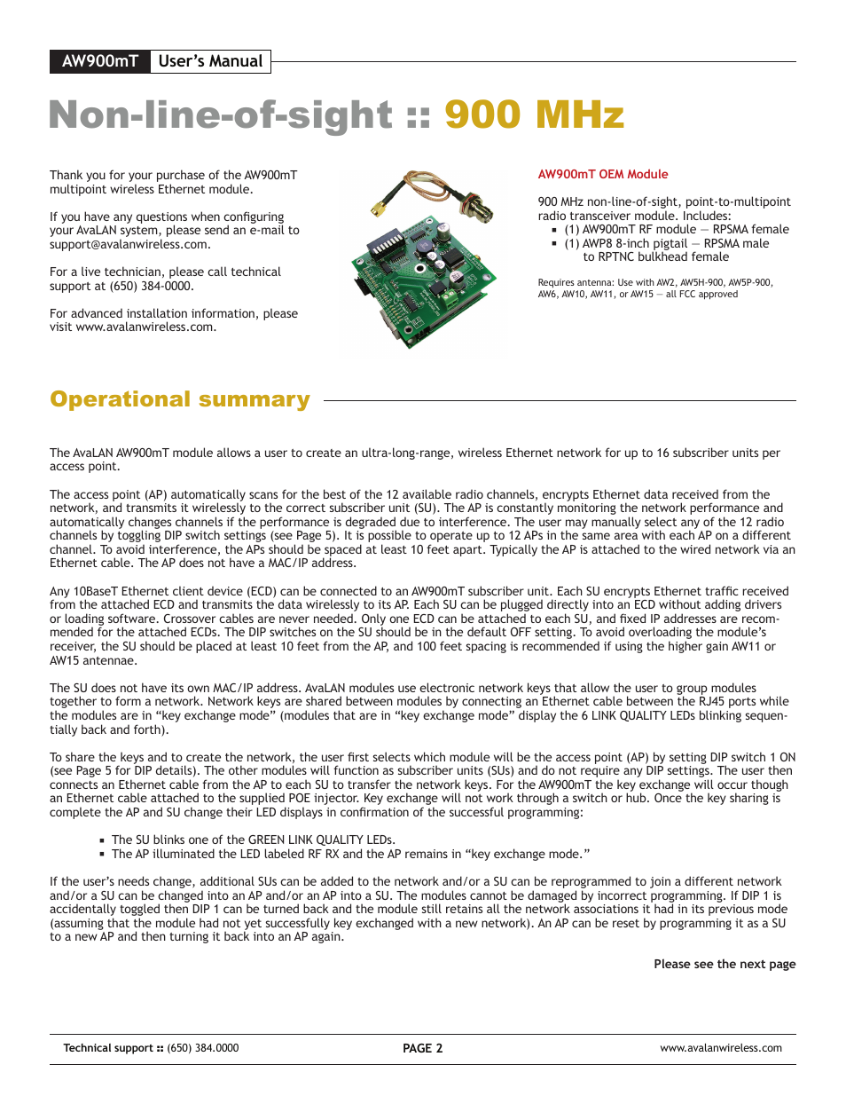 Non-line-of-sight :: 900 mhz, Operational summary | AvaLAN Wireless AW-900mT User Manual | Page 2 / 8