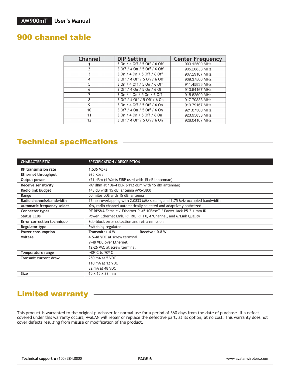 Aw900mt user’s manual | AvaLAN Wireless AW-900mT User Manual | Page 6 / 8