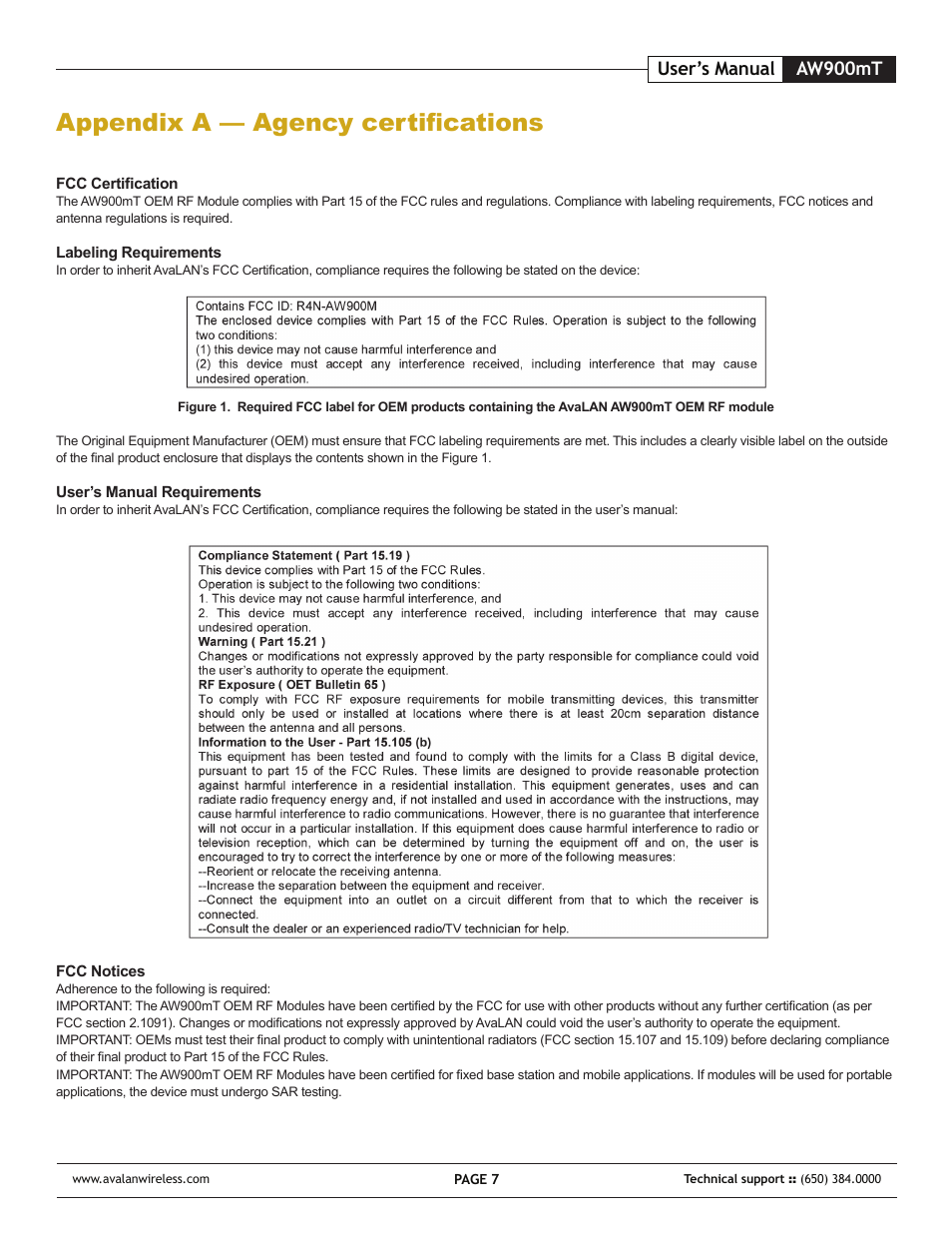 Appendix a — agency certifications, Aw900mt user’s manual | AvaLAN Wireless AW-900mT User Manual | Page 7 / 8