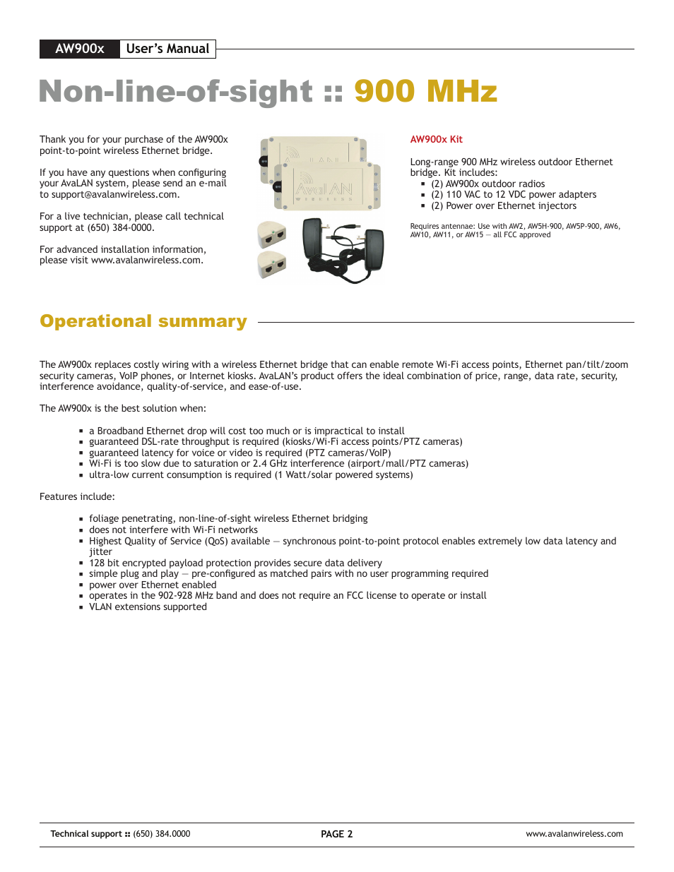 Non-line-of-sight :: 900 mhz, Operational summary, Aw900x | User’s manual | AvaLAN Wireless AW-900x User Manual | Page 2 / 8