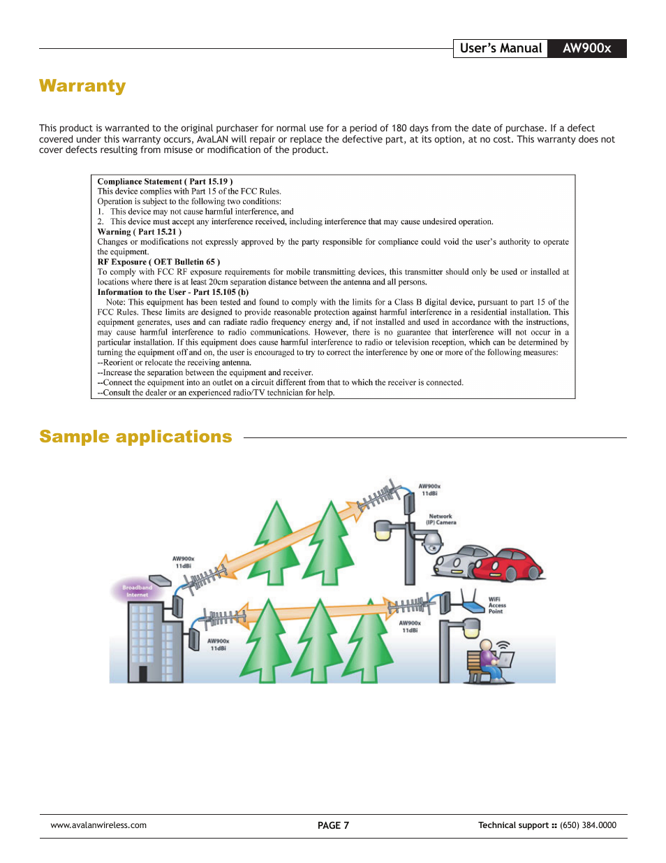 Warranty, Sample applications | AvaLAN Wireless AW-900x User Manual | Page 7 / 8