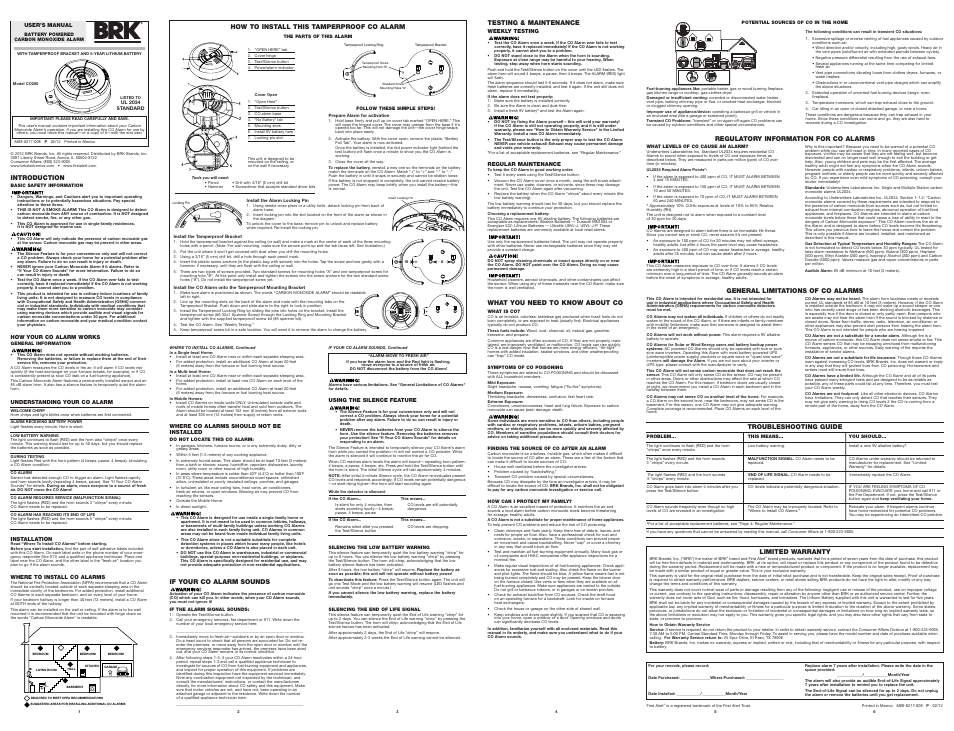 BRK electronic CARBON MONOXIDE ALARM CO250 User Manual | 1 page