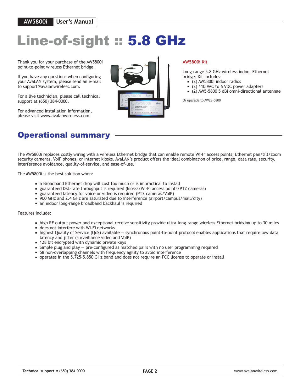 Line-of-sight :: 5.8 ghz, Operational summary, Aw5800i | User’s manual | AvaLAN Wireless AW-5800i User Manual | Page 2 / 8