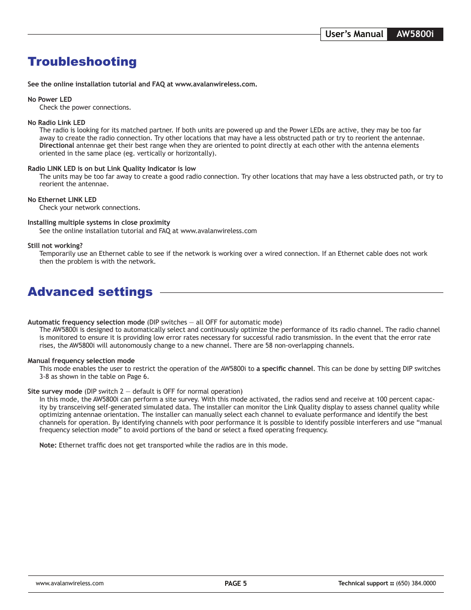 Troubleshooting, Advanced settings, Aw5800i user’s manual | AvaLAN Wireless AW-5800i User Manual | Page 5 / 8