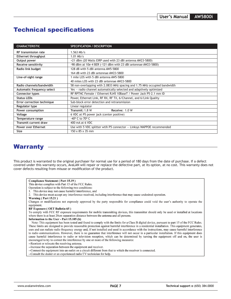 Technical specifications, Warranty, Aw5800i user’s manual | AvaLAN Wireless AW-5800i User Manual | Page 7 / 8
