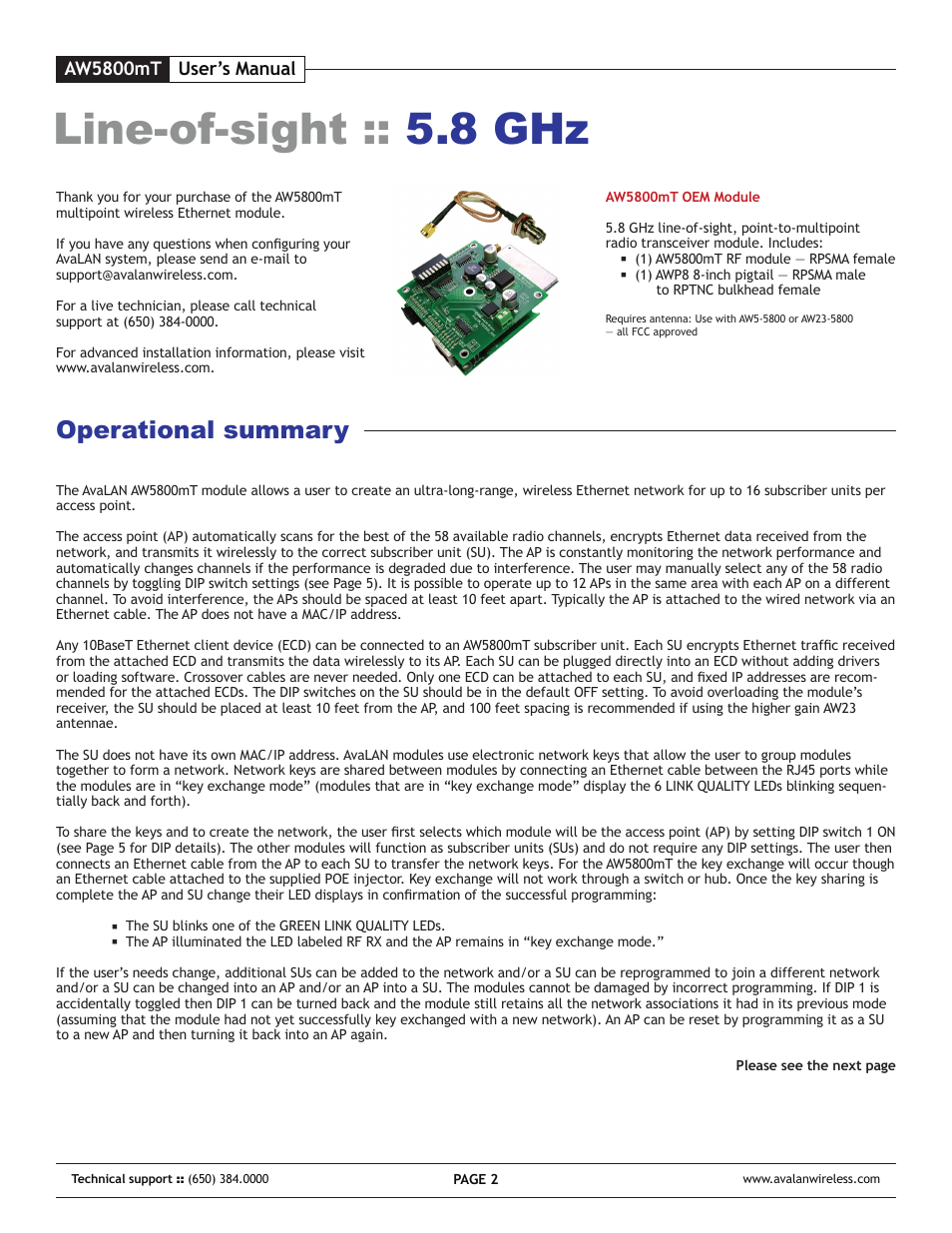 Line-of-sight :: 5.8 ghz, Operational summary | AvaLAN Wireless AW-5800mT User Manual | Page 2 / 8