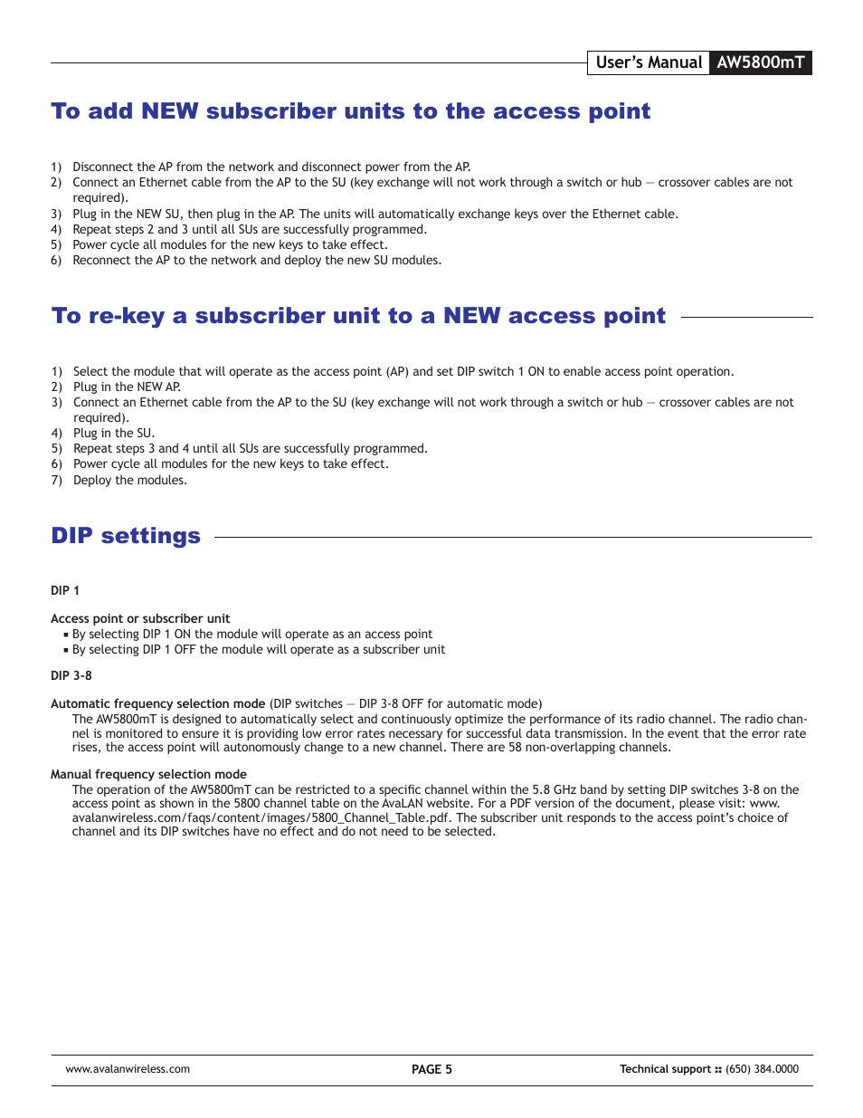 Dip settings | AvaLAN Wireless AW-5800mT User Manual | Page 5 / 8