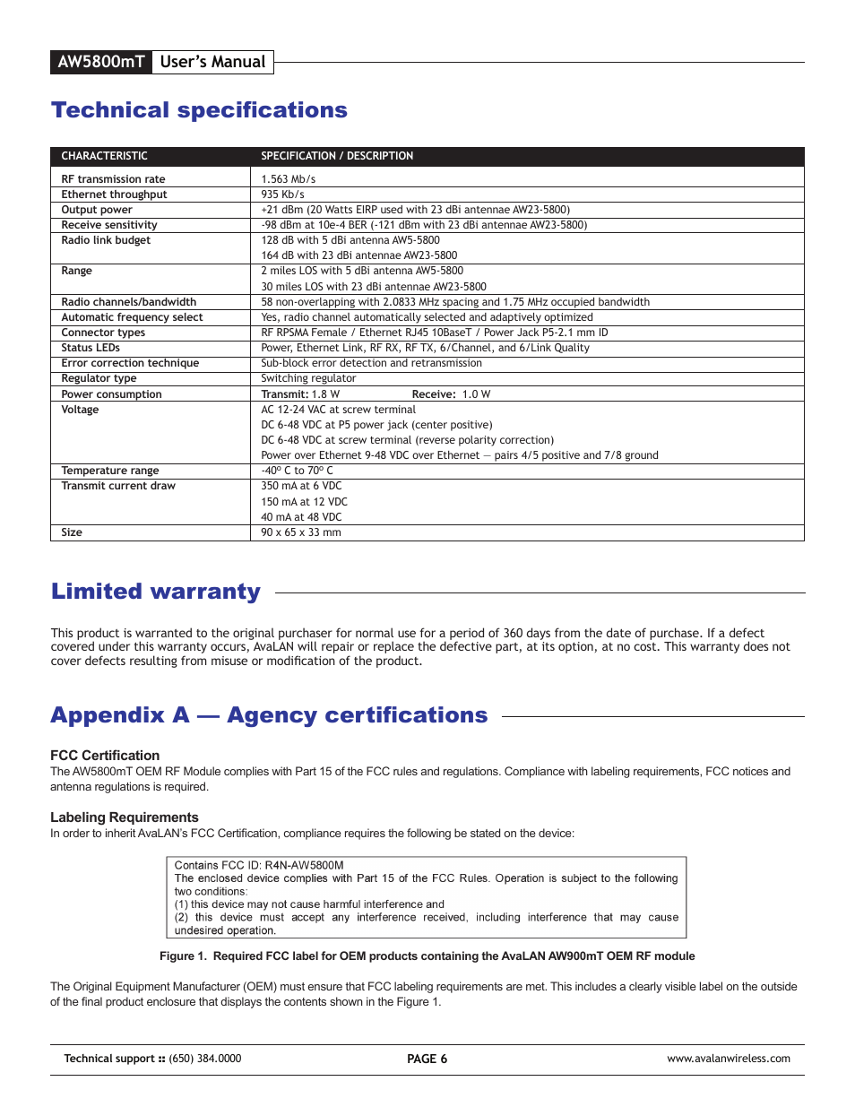 Technical specifications limited warranty, Appendix a — agency certifications, Aw5800mt user’s manual | AvaLAN Wireless AW-5800mT User Manual | Page 6 / 8