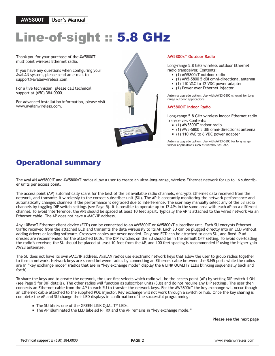 Line-of-sight :: 5.8 ghz, Operational summary, Aw5800t | User’s manual | AvaLAN Wireless AW-5800T User Manual | Page 2 / 8
