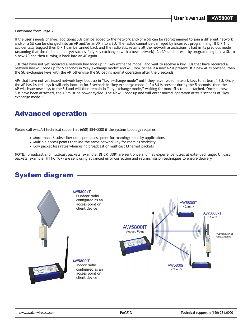 Advanced operation, System diagram, Aw5800t | User’s manual | AvaLAN Wireless AW-5800T User Manual | Page 3 / 8