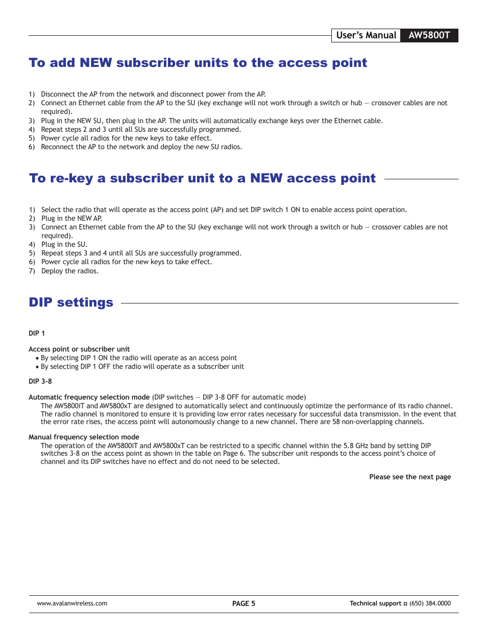 Dip settings | AvaLAN Wireless AW-5800T User Manual | Page 5 / 8
